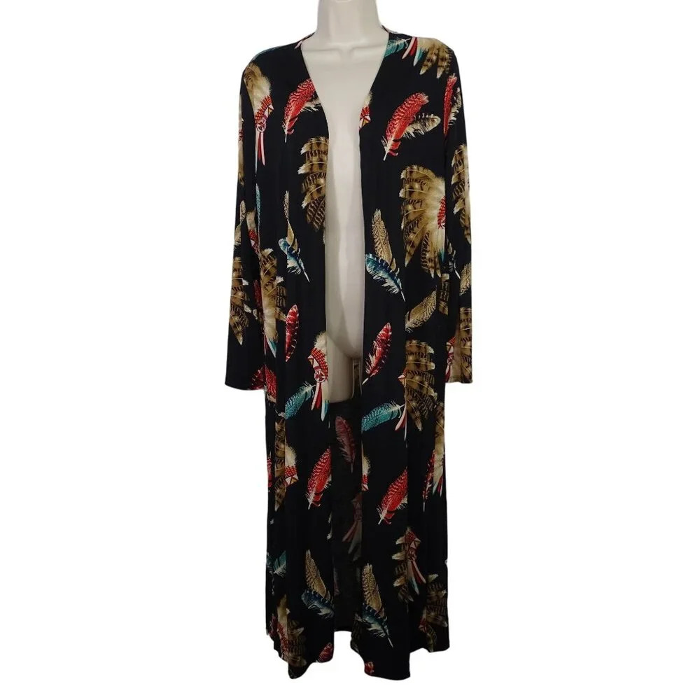 Lovely J Feather Southwestern Print Long Cardigan Open Front Women Size S Black